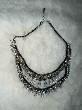 Statement Crystal Bib Necklace - Silver Tone